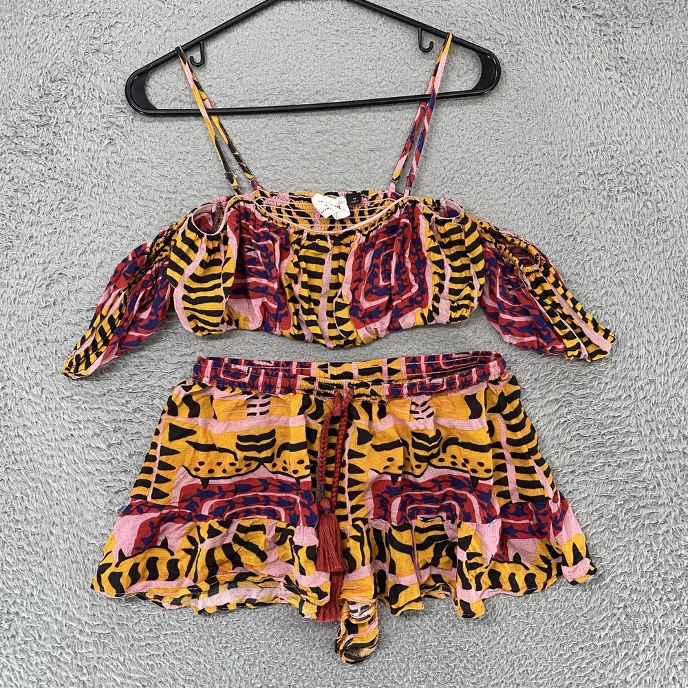 Incerti 2 Piece Set Womens XS Animal Off Shoulder Crop Top Shorts Anthropologie